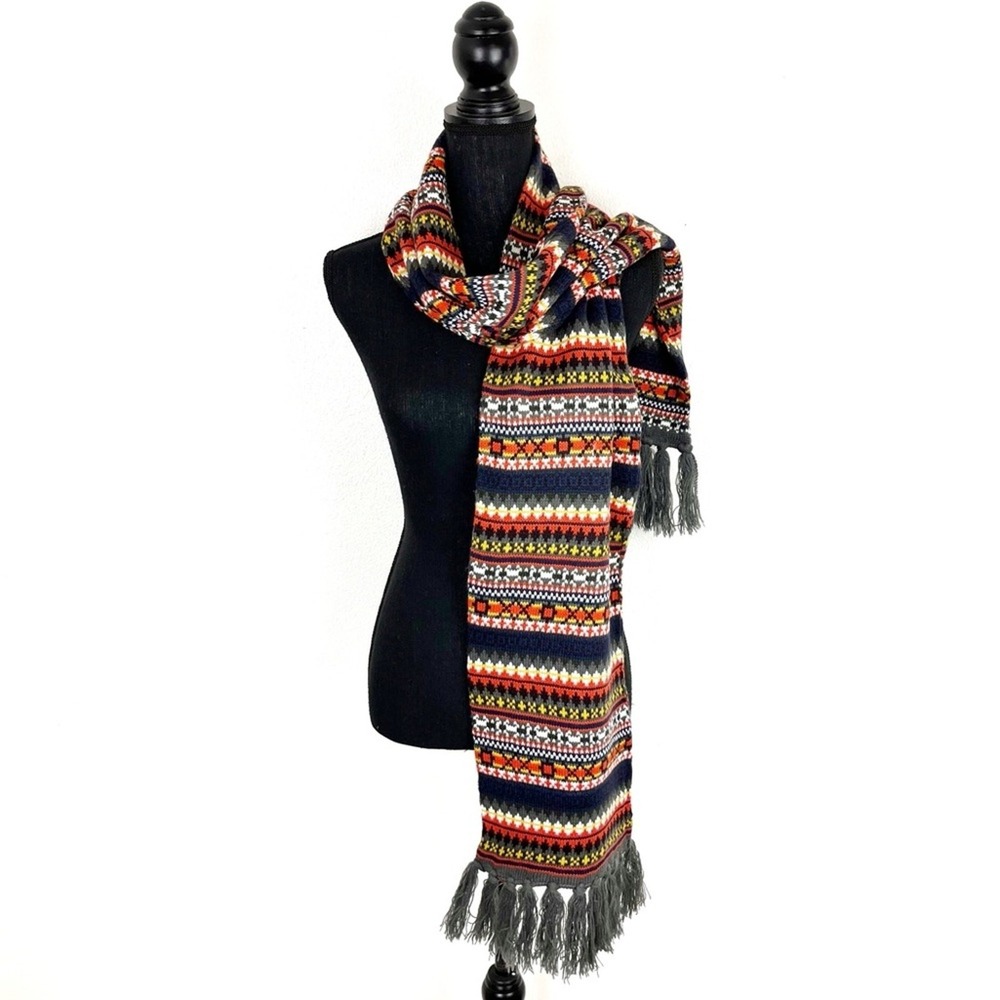 Fair Isle Knit Winter Scarf Retro Palette Hipster Long Fringe Unisex 9x72